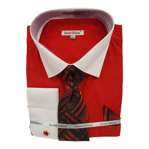 MEN'S DANIEL ELLISSA SOLID BODY, WHITE COLLAR FRENCH CUFF DRESS SHIRT. DS3825P2 - Picture 1 of 4